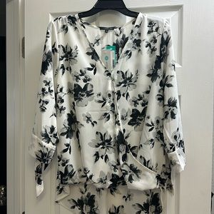 Floral Wrap Blouse - Black and White